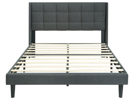 Queen Size Upholstered Platform Bed Frame With Button Tufted Linen Fabric Headboard - Dark Gray