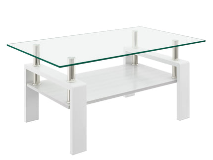 Modern Rectangular Coffee Table With Tempered Transparent Glass Top And Storage Shelf