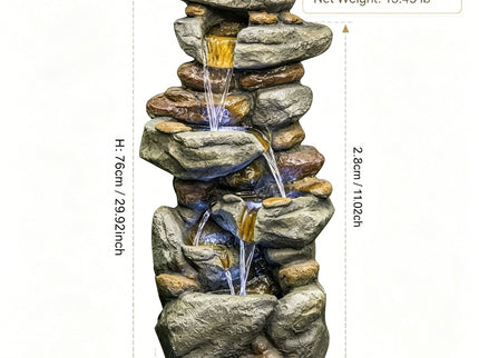 Stacked Rock Waterfall Fountain With LED Lights For Garden - Gray