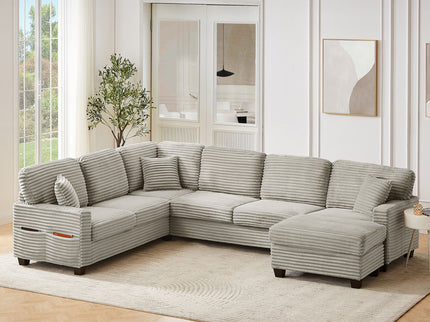 Upholstered U-Shaped Sectional Sofa With Movable Ottoman And Side Storage Pockets