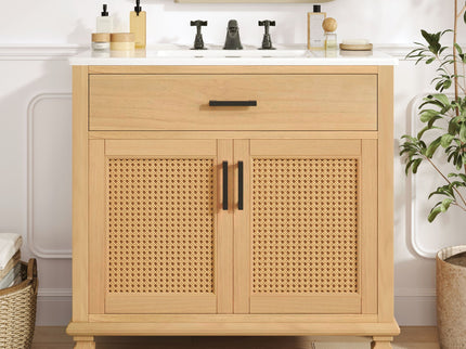 Bathroom Vanity With Ceramic Sink, Modern Free Standing Cabinet With Soft Close Drawers