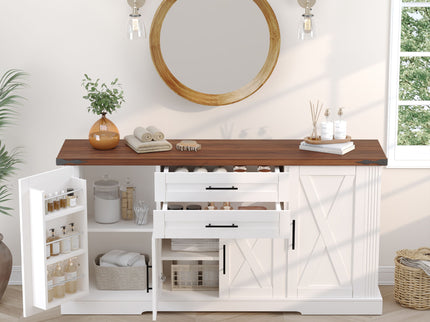 Barn Door Storage Cabinet With 2 Drawers & Door Rack, Adjustable Shelves