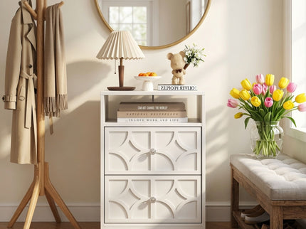 Nightstand With Diamond Carvings Handles, 2 Drawers & Charging Station