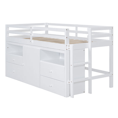 Loft Bed With 4 Drawers, Underneath Cabinet And Shelves