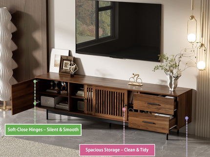 TV Stand, Media Console With 2 Drawers, Soft Closing Hinges, Adjustable Shelves, Slatted Design - Walnut