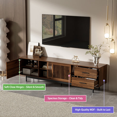 TV Stand, Media Console With 2 Drawers, Soft Closing Hinges, Adjustable Shelves, Slatted Design - Walnut