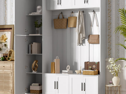 Tall Hall Tree With Shoe Storage, 4 In 1 Entryway Bench With 6 Cabinets, 4 Coat Hooks & Adjustable Shelf For Hallway - White