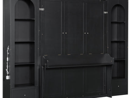 French Style Murphy Platform Bed With Shelf, Side Cabinets, Drawers And LED