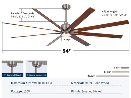 Oversized Large Ceiling Fan With Dimmable LED Light, 8 Blades, Remote Control