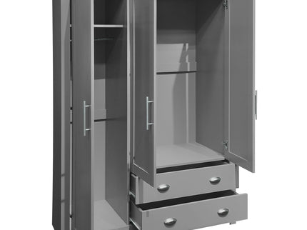 3 Door Storage Wardrobe With Cabinets And 2 Hanging Rods - Gray