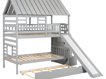 House Bunk Bed With Trundle, Storage Staircase, Roof And Window Design