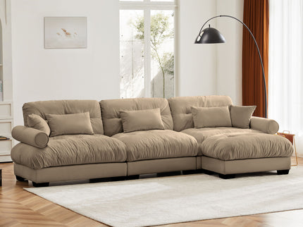 Modern Sectional Sofa With Ottoman, Round Bolster Armrests, Waist And Throw Pillows