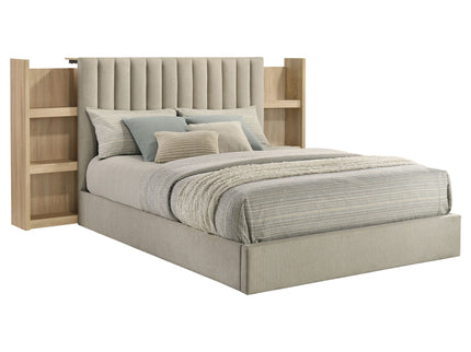 Merritt - Queen Bookcase Storage Bed With Tufted Headboard - Light Oak / Light Tan
