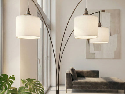 Royal - 3 Arm Arc Floor Lamp, Oil Rubbed Bonze With Linen Shade, 4 Way Rotary Switch - Oil-Rubbed Bronze