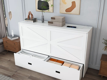 Full Murphy Bed With Storage Drawers, Charging Station, Foldable Panels, And Silent Swivel Wheels