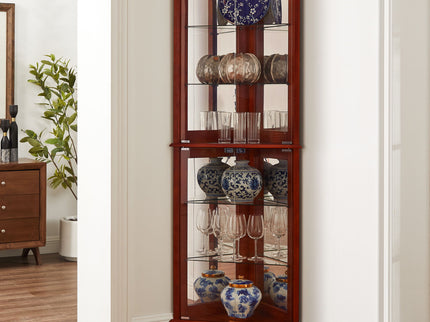 Corner Curio Dispaly Cabinet With Lights, Adjustable Tempered Glass Shelves, Mirrored Back (E26 Light Bulb Not Included)