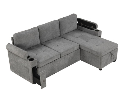 Convertible L Shaped Sofa Couch With Storage, Cup Holders, USB Ports