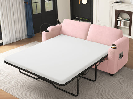 Sleeper Sofa Loveseat Sofa With Full Size Mattress, 2 USB Ports, 2 Cup Holders, 2 Side Pockets And Phone Holder
