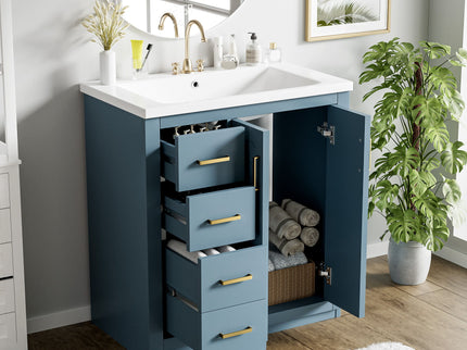 Ceramic Sink Combo, Freestanding Vanity Set With 3 Drawers & Soft Closing Doors