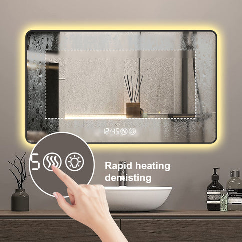 Wall Mirror With Rounded Corners, Temperature Display, Tri-Color Light, Defogging