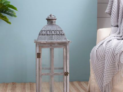 Wooden Candle Lantern Decorative, Hurricane Lantern Holder Decor For Indoor Outdoor, Home Garden Wedding - Gray