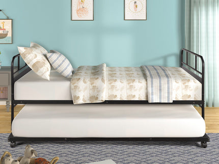 Twin Size Daybed Platform Bed Frame With Trundle Built In Casters - Black