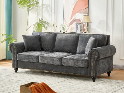 3 Seater Sofa With Tufted Upholstery, Rolled Arms, Nailhead Trim