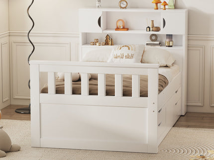 Captain Platform Bed Frame With Storage Bookcases, Shelves, And 4 Drawers