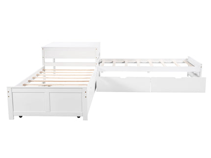 L Shaped Platform Bed With Trundle And Drawers Linked With Built In Desk