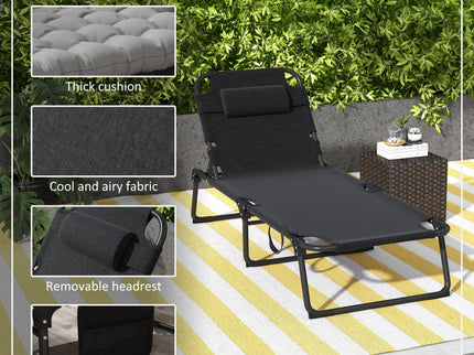 Outsunny - Outdoor Chaise, Adjustable Folding Chaise Lounge With 4-Position Backrest, Magazine Pocket, Removable Head Pillow, Sun Bathing Lounger Chair For Patio, Beach - Gray