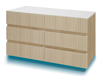 Fluted 6 Drawers Dresser, Double Dresser Chest Of Drawers, Modern Chest Of Drawers With LED, Drawer Organizer For Bedroom, Living Room, Hallway - Natural