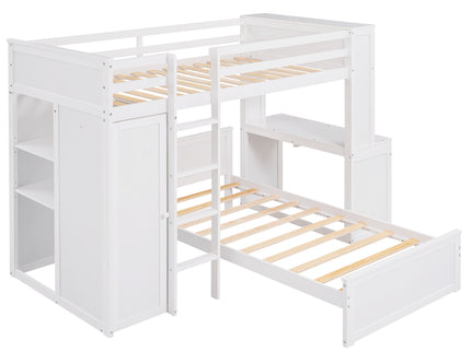 Loft Bed With A Stand Alone Bed, Shelves, Desk, And Wardrobe