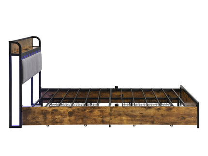 Contemporary Bed Frame With Storage Headboard, Charging Station, LED Lights