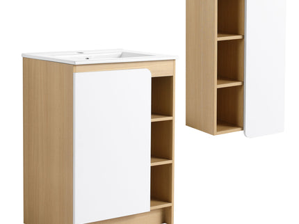 24" Bathroom Vanity With Sink & Wall Mounted Side Cabinet, Vanity Set With Thin Edge Sink, Interchangeable & Door Panels, Open & Hidden Storage - Black / Light Oak / White
