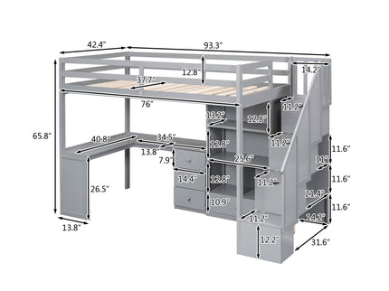 Loft Bed With L Shaped Desk, Drawers, Cabinet, And Storage Staircase