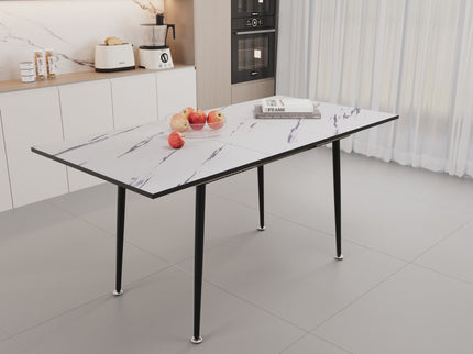Modern Industrial Expandable Dining Table 47" To With Marble Pattern Top And Metal Legs - White