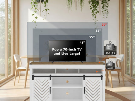 TV Stand With Sliding Barn Doors And Adjustable Storage - White / Oak