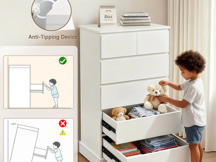 6 Drawer Tall Dresser With Concealed Handles, Vertical Storage Cabinet For Bedroom - White