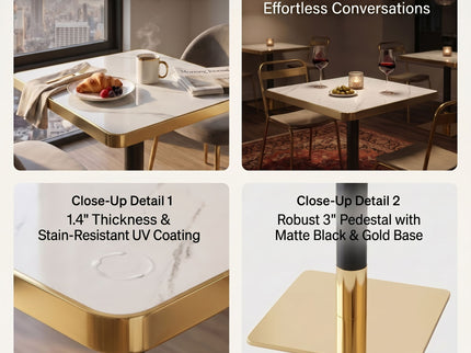 Square Dining Table & Pedestal For Kitchen - Black / Gold / White