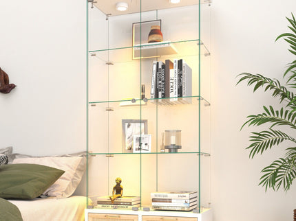 Glass Display Cabinet With LED Lights, Tempered Glass Doors, Large Drawers, 2 Door Storage Case With 4 Shelves - Natural / White