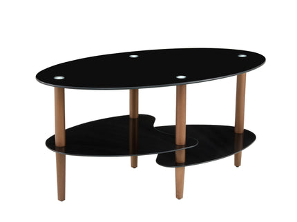 Oval Glass Coffee Table, Modern Table In Living Room Oak Wood Leg Tea Table 3-Layer Tempered Glass Table - Brown / Black