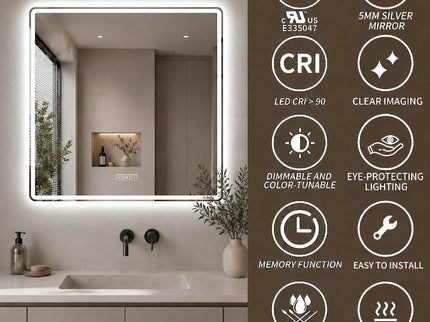 36 X 36 LED Bathroom Mirror With Dimmable Frosted Light Band, 3 Color Temperatures, Anti Fog, Memory & Auto Off - Silver