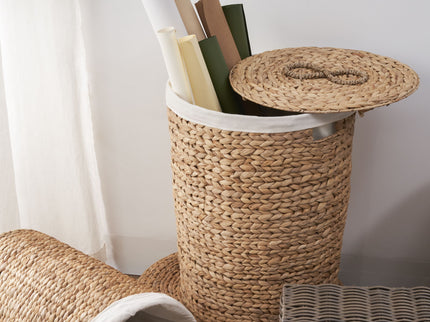 Ludmilla Round Tall Water Hyacinth Woven Wicker Laundry Hamper With Lid - For Clothes, Toys And Book Storage With Removable Liner - 18" X 18" X 23" - Natural Brown