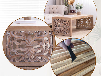 Rustic Carved Wood Coffee Table, Handcrafted Look With Ornate Side Panels