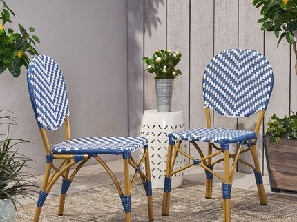 Outdoor Rattan And Aluminum French Armless Bistro Chairs Set - Navy Blue