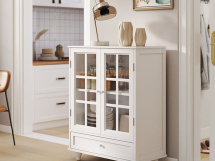 Minimalist Buffet Cabinet With Double Glass Doors And Drawer