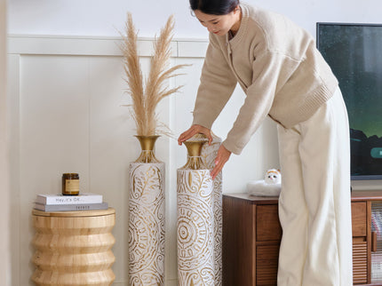 Floor Metal Vases Decorated Metal Vases (Set of 3) Gorgeous Home Decoration Large Glazed Metal Vases - White / Gold