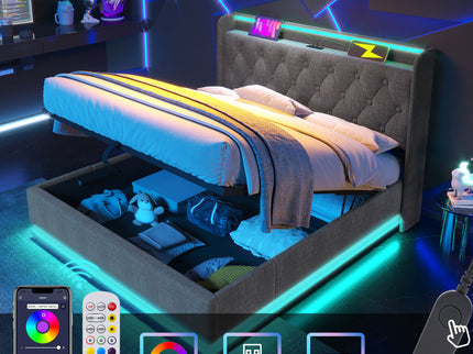 Upholstered Bed, 360 Surround LED Function, Remote Control, Hydraulic Storage Bed With USB, Type-C Charging (Without Mattress)