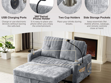 Modern Loveseat Pull Out Sofa Bed With Adjustable Backrest, Two Cup Holders, A Phone Holder, Three Charging Ports And Side Storage Pockets For Living Room