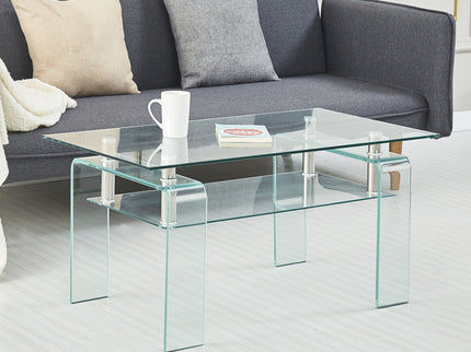 Modern Tempered Glass Coffee Table With 2 Tier Storage For Living Room